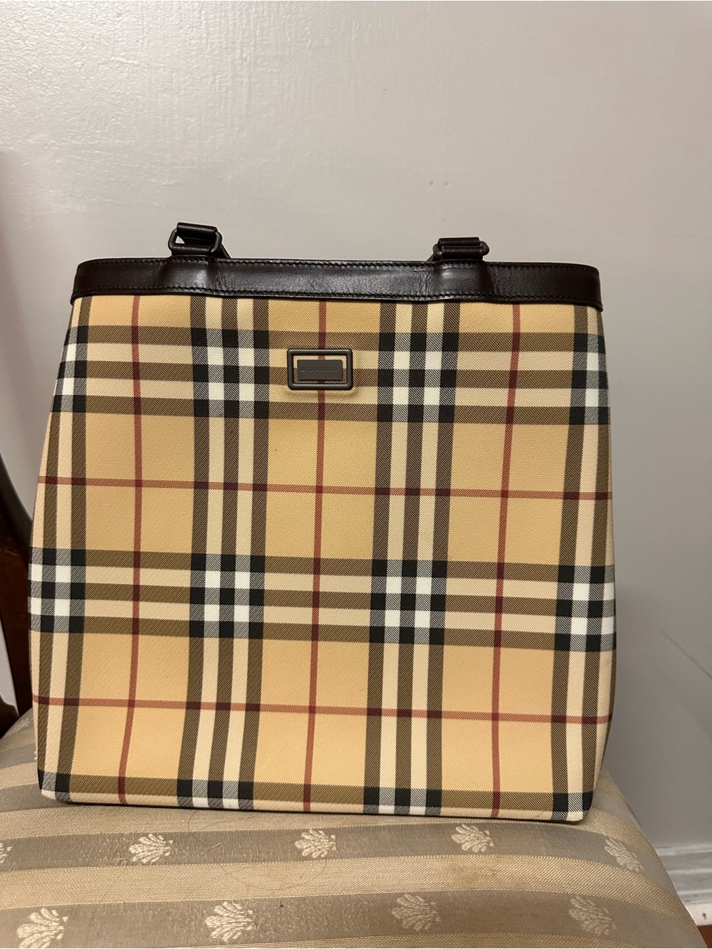 Burberry Beige Plaid Canvas Tote with Dark Brown Trim